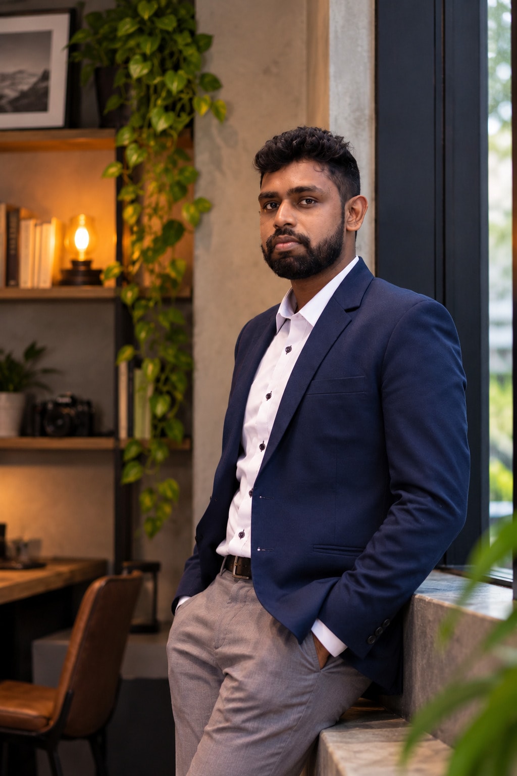 Chamath Shyamantha in a navy blazer, leaning against a window ledge in a warmly lit studio with bookshelves and plants