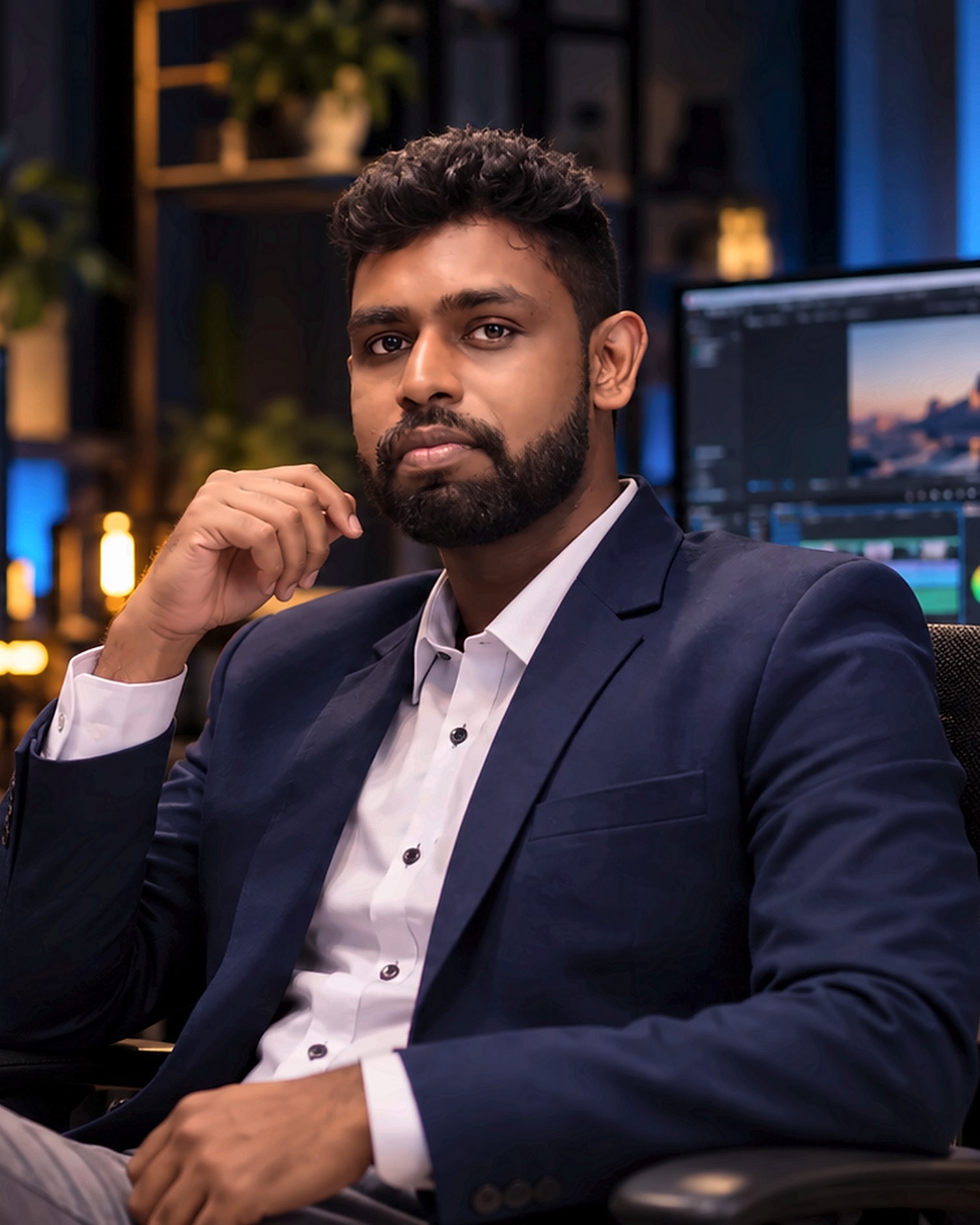 Chamath Shyamantha seated at his workstation, with code and video-editing monitors behind him